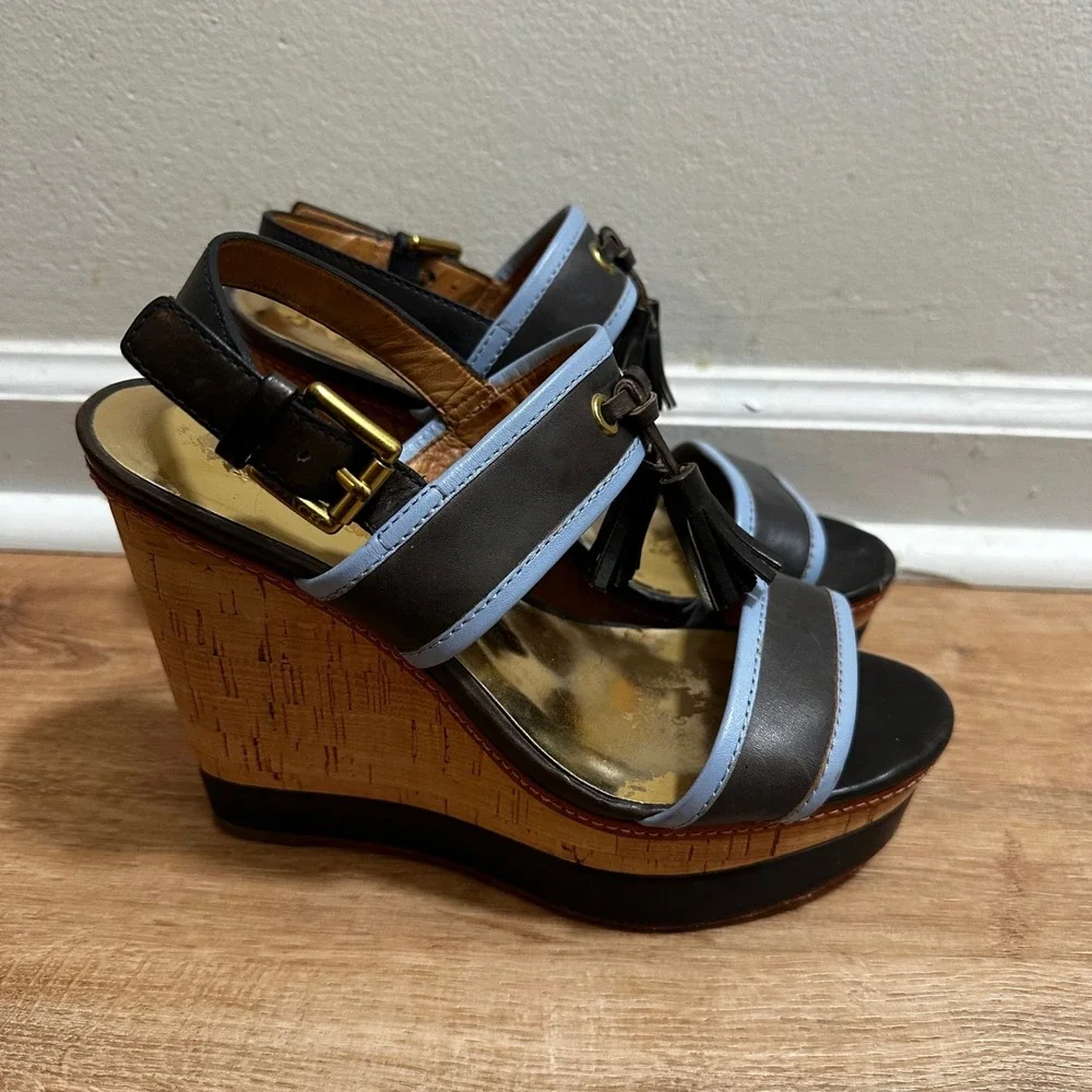 Coach | Women's Brown Blue Leather Tassel Cork Platform Wedge Sandals, 6.5B
